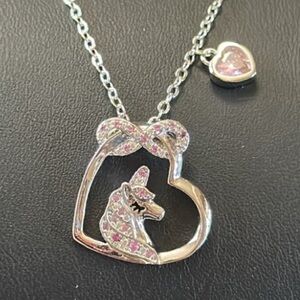 18K White GP Heart & Unicorn Necklace Pink CZ Crystals with Gift Box